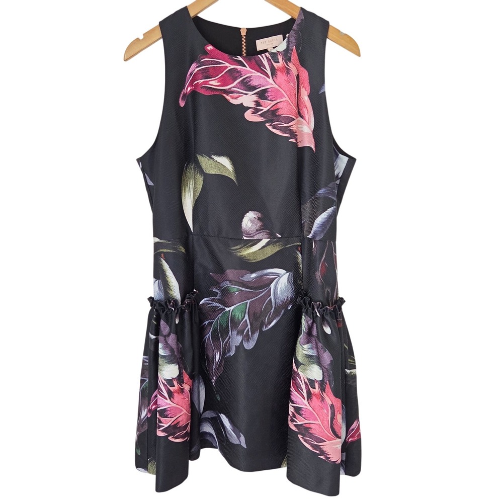 Ted Baker London Black Floral Jacquard Fit and Flare Dress Rose Gold Zip Size 5
